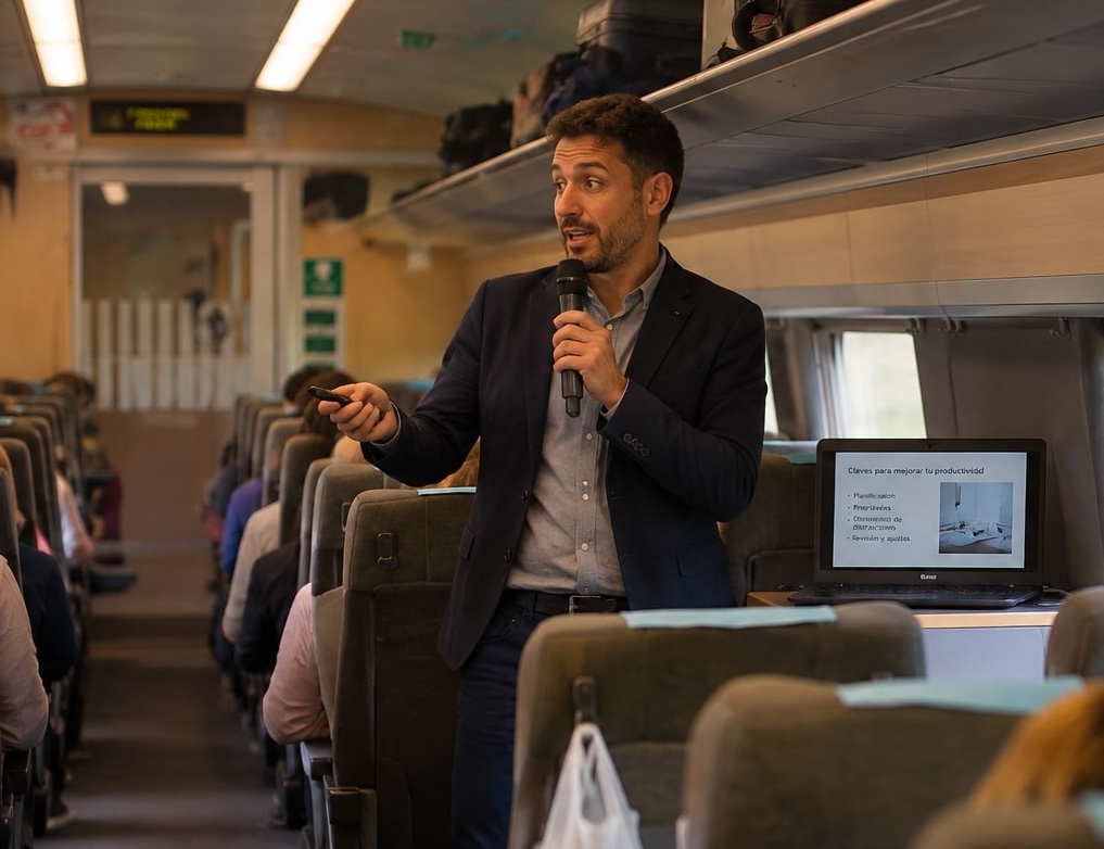 Ponente impartiendo una charla a bordo de un tren