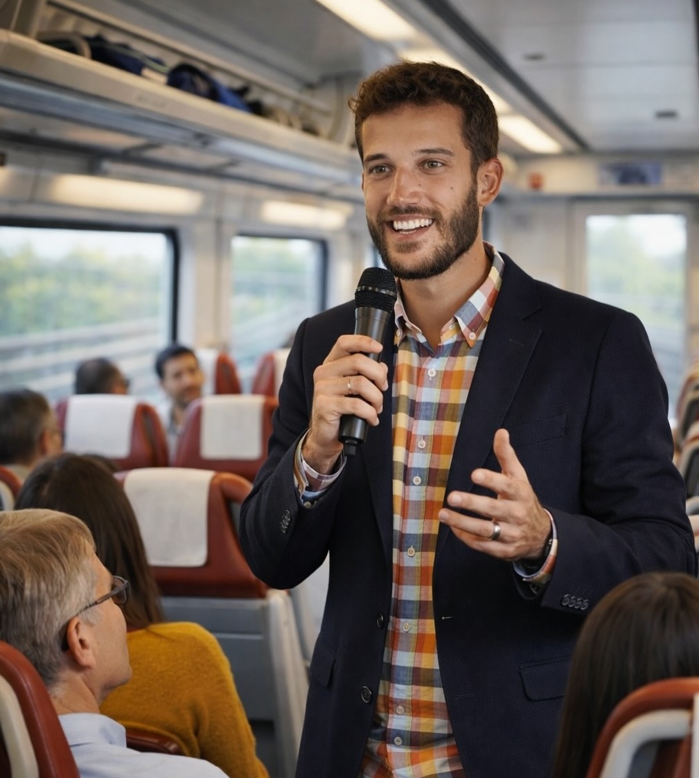 Personas participando en una charla durante un trayecto