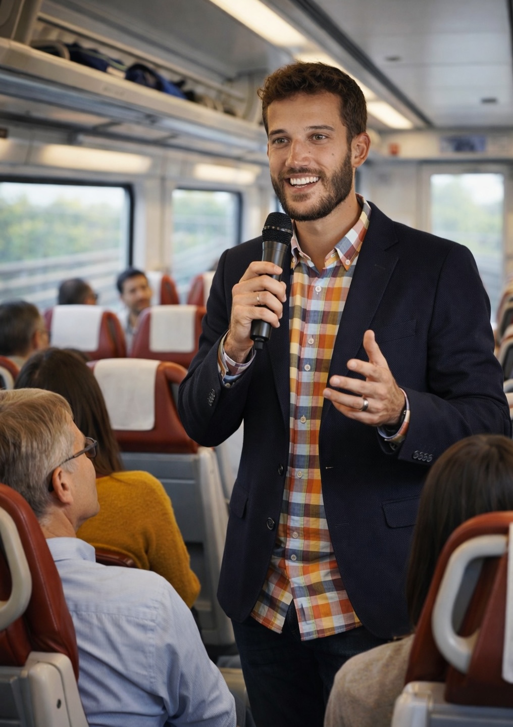 Personas participando en una charla durante un trayecto